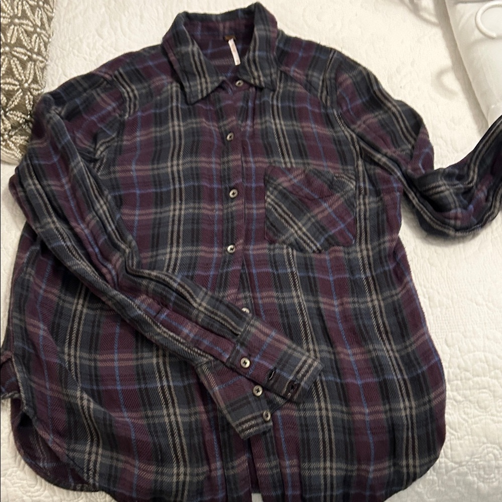 Free People Women's Plaid Button Down Shirt - Purple and Blue